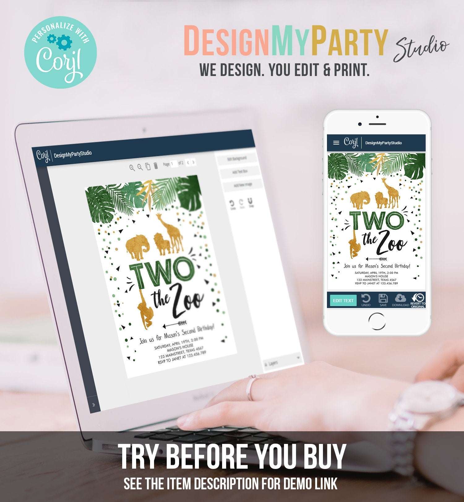 Editable Two the Zoo Birthday Invitation Party Safari Animals Jungle Boy Second Birthday 2nd Two Wild Gold Digital Template Printable 0016
