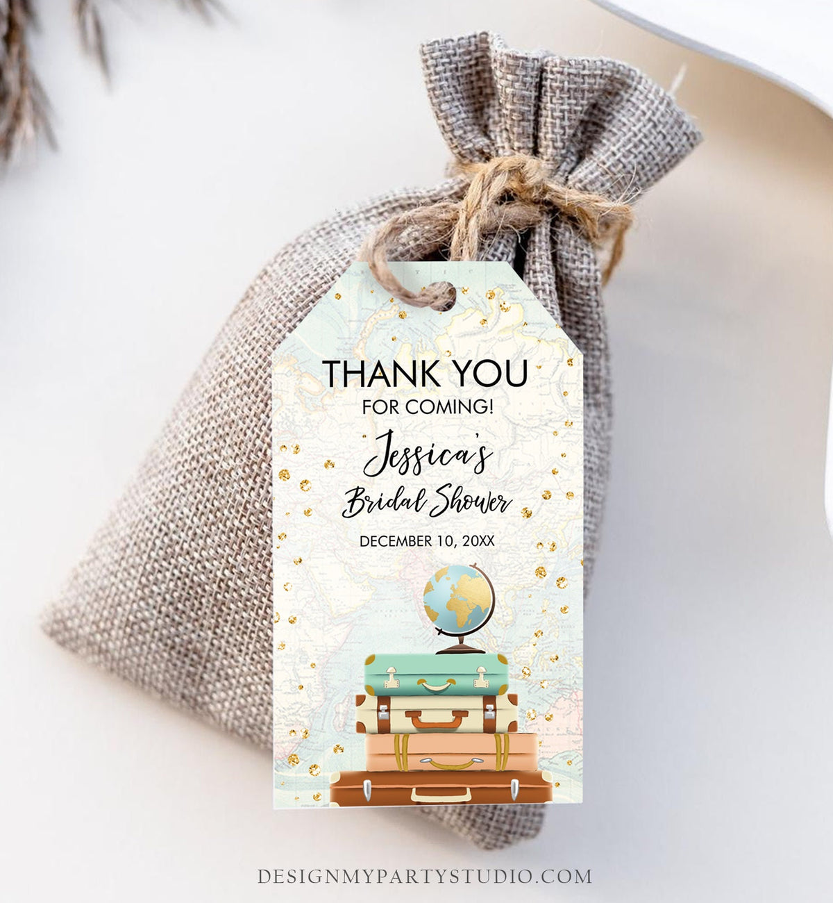 Editable Travel Thank You Favor Tag World Map Suitcases Traveling to Mrs Bridal Shower Baby Shower Adventure Corjl Template Printable 0263