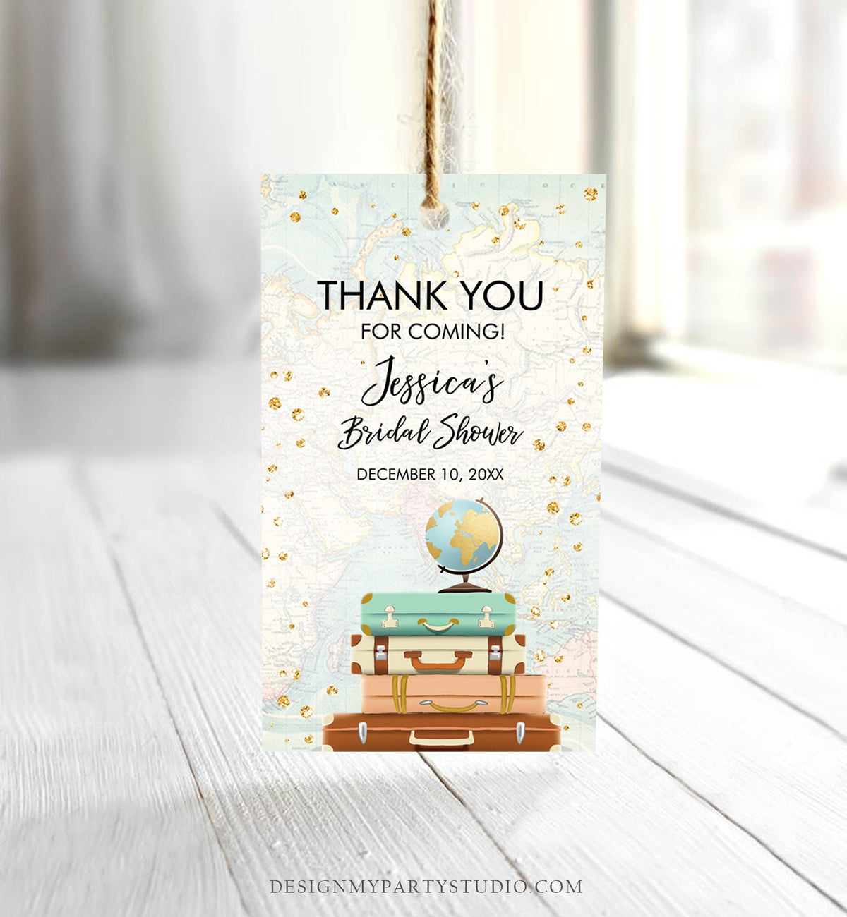Editable Travel Thank You Favor Tag World Map Suitcases Traveling to Mrs Bridal Shower Baby Shower Adventure Corjl Template Printable 0263