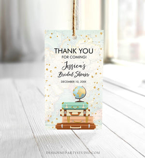 Editable Travel Thank You Favor Tags World Map Suitcases Miss to Mrs Bridal Shower Baby Shower Adventure Corjl Template Printable 0263
