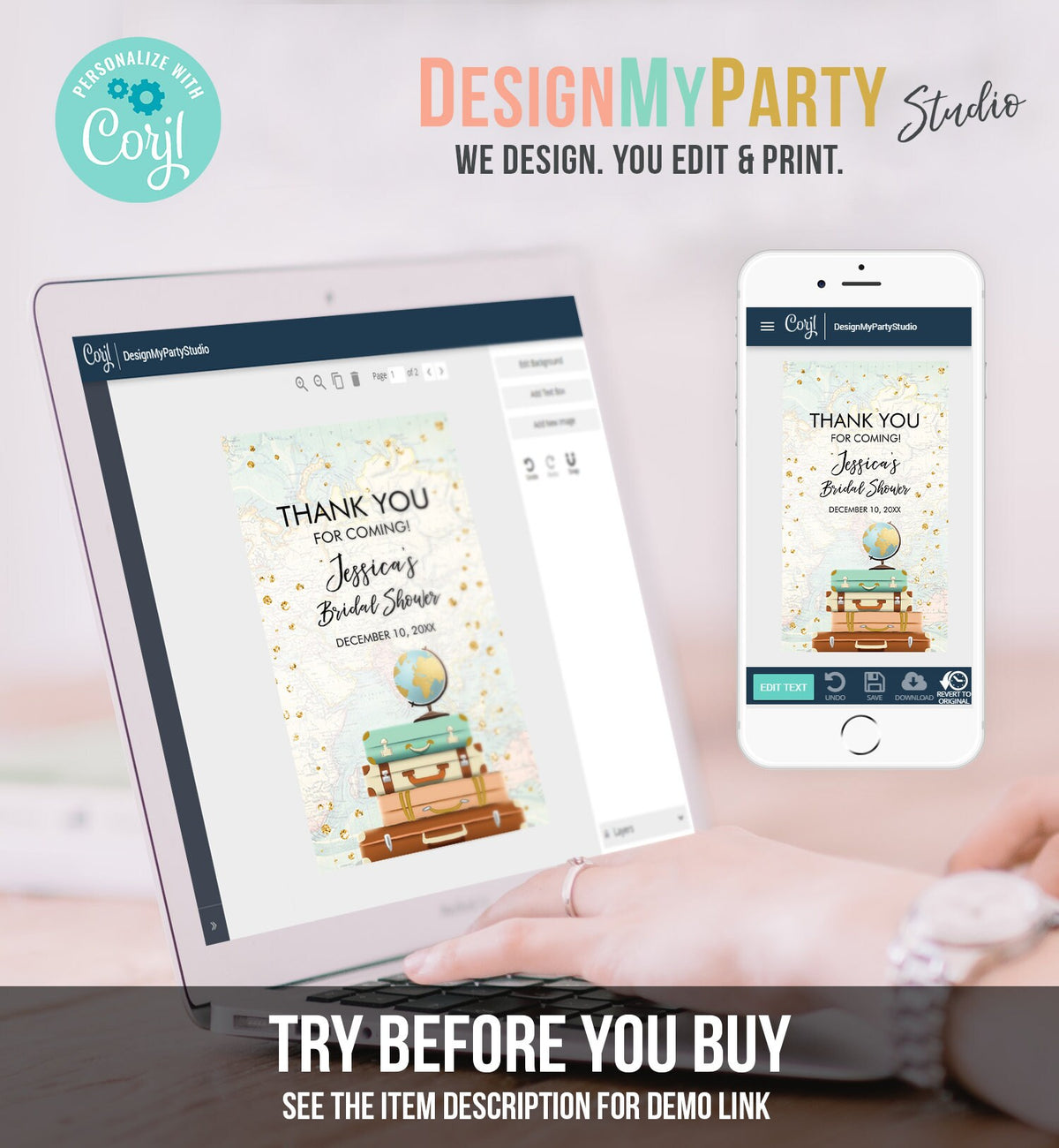 Editable Travel Thank You Favor Tag World Map Suitcases Traveling to Mrs Bridal Shower Baby Shower Adventure Corjl Template Printable 0263