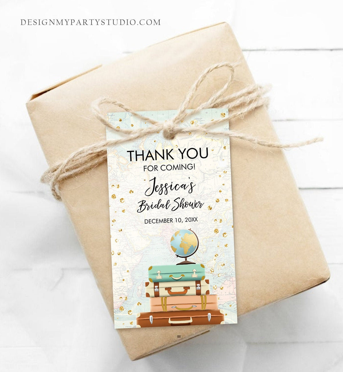 Editable Travel Thank You Favor Tag World Map Suitcases Traveling to Mrs Bridal Shower Baby Shower Adventure Corjl Template Printable 0263