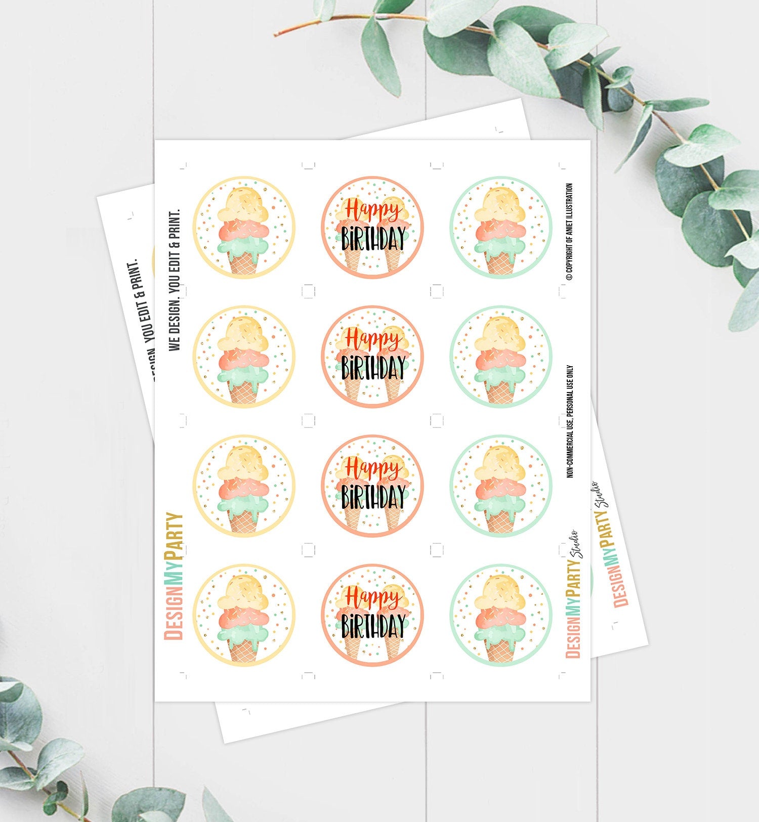 Ice Cream Cupcake Toppers Favor Tags Ice Cream Birthday Party Decoration Yellow Orange Mint Summer Scoop Download Digital PRINTABLE 0243