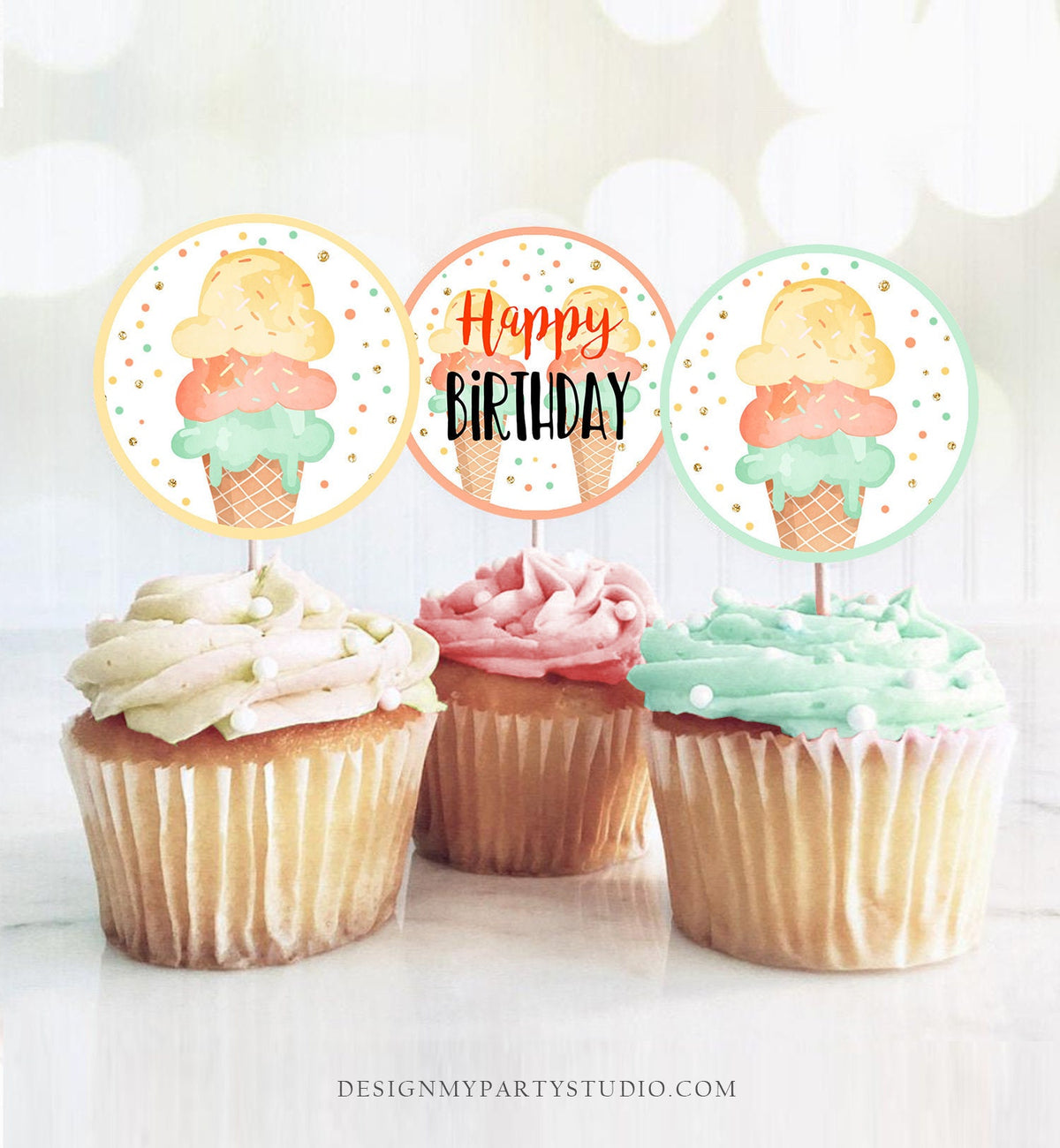 Ice Cream Cupcake Toppers Favor Tags Ice Cream Birthday Party Decoration Yellow Orange Mint Summer Scoop Download Digital PRINTABLE 0243