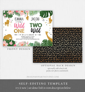Editable Wild One Two Wild Birthday Invitation Safari Animals Boy Girl First Second Birthday Gold Joint Dual Corjl Template Printable 0016