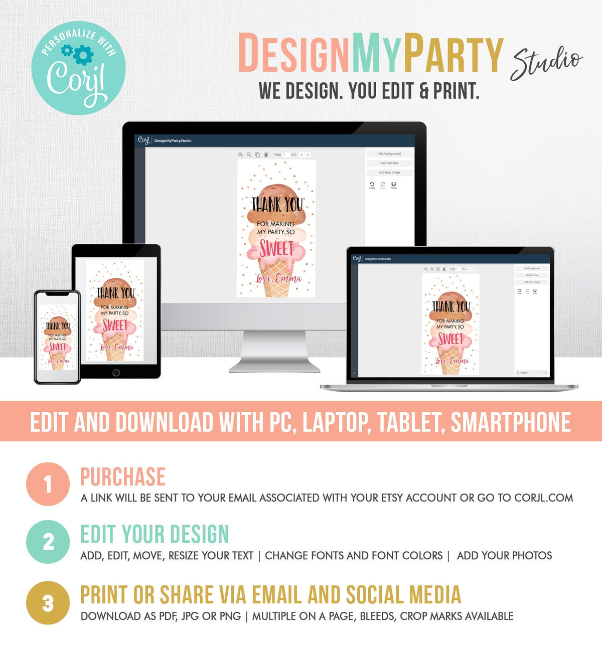 Editable Ice Cream Favor Thank You Tags Ice Cream Birthday Party Girl Pink Boho Coral Gift Goodie Bag Labels Corjl Template PRINTABLE 0243