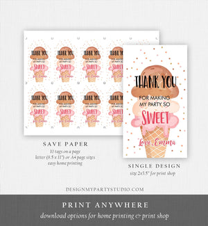 Editable Ice Cream Favor Thank You Tags Ice Cream Birthday Party Girl Pink Boho Coral Gift Goodie Bag Labels Corjl Template PRINTABLE 0243