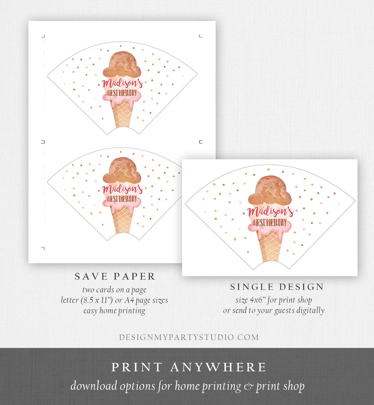 Editable Ice Cream Cone Wrapper Ice Cream Label Ice Cream Birthday Girl Pink Ice Cream Social Cone Wrapper Ice Cream Bar Template Corjl 0243