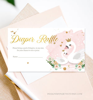 Editable Swan Diaper Raffle Ticket Diaper Game Card Swan Baby Shower Girl Princess Pink Gold Insert Download Template Corjl PRINTABLE 0382