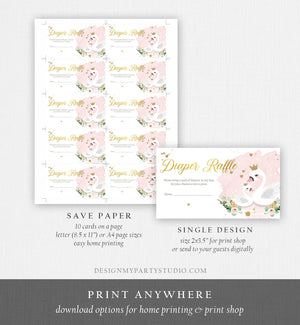 Editable Swan Diaper Raffle Ticket Diaper Game Card Swan Baby Shower Girl Princess Pink Gold Insert Download Template Corjl PRINTABLE 0382