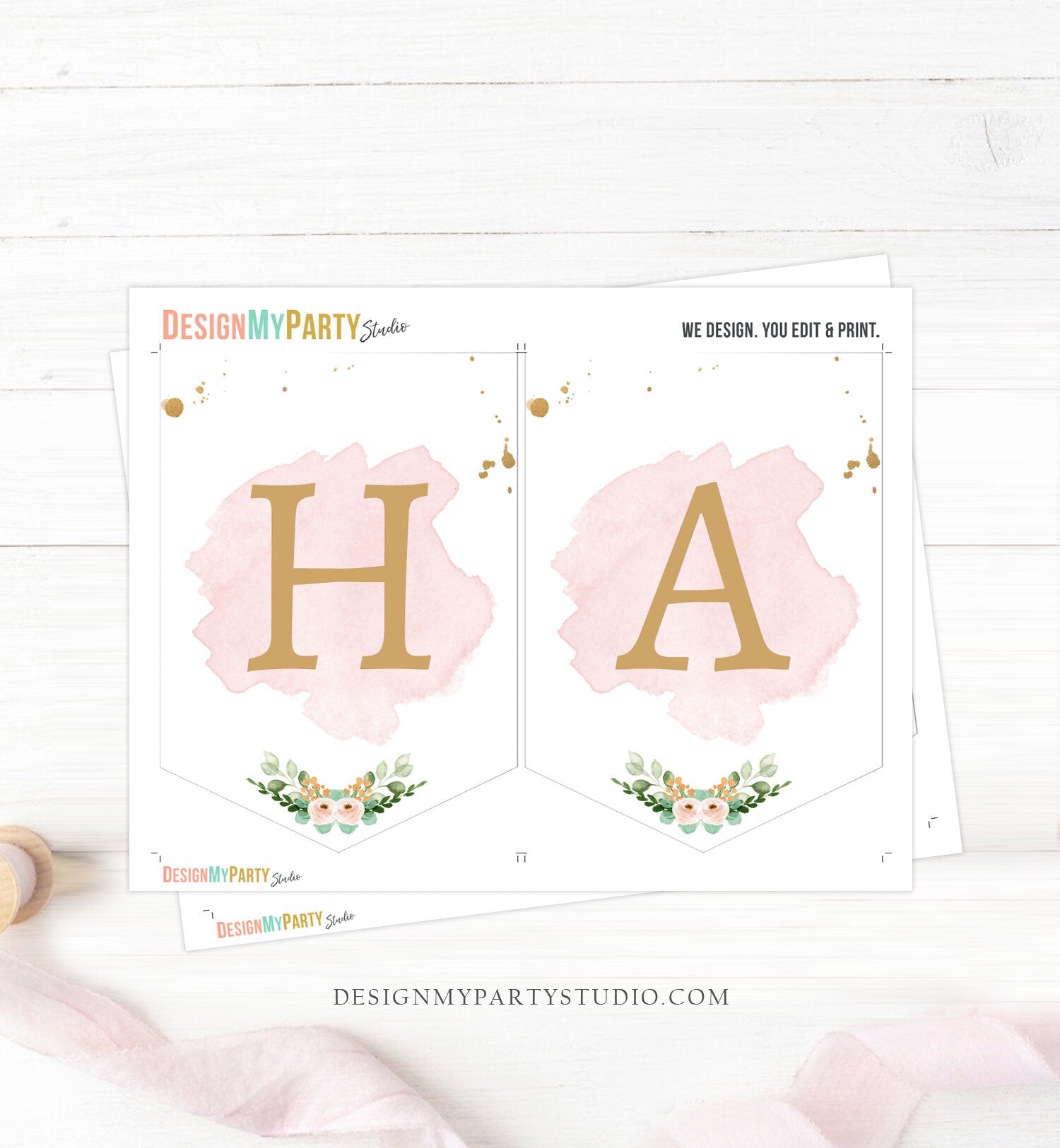 Happy Birthday Banner Swan Birthday Banner Girl Princess Pink and Gold Birthday Decorations Floral Instant Digital Download Printable 0382