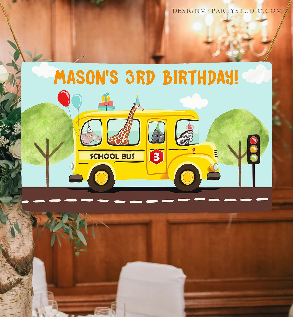Editable Wheels on the Bus Backdrop Banner School Bus Birthday Boy Wheels on The Bus Birthday Party Digital Download Template Printable 0325