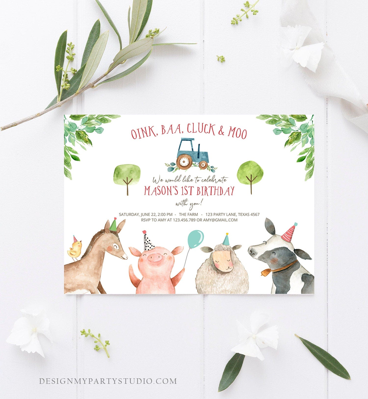 Editable Farm Birthday Invitation Boy Farm Animals Tractor Barnyard Barn Birthday Party Animals Digital Evite Template Printable 0155