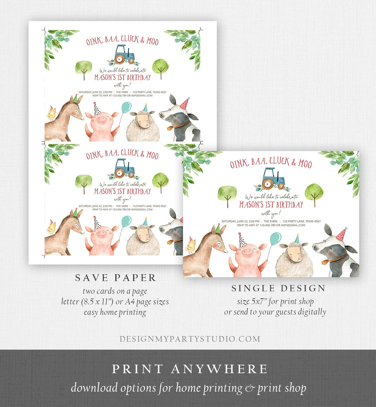 Editable Farm Birthday Invitation Boy Farm Animals Tractor Barnyard Barn Birthday Party Animals Digital Evite Template Printable 0155