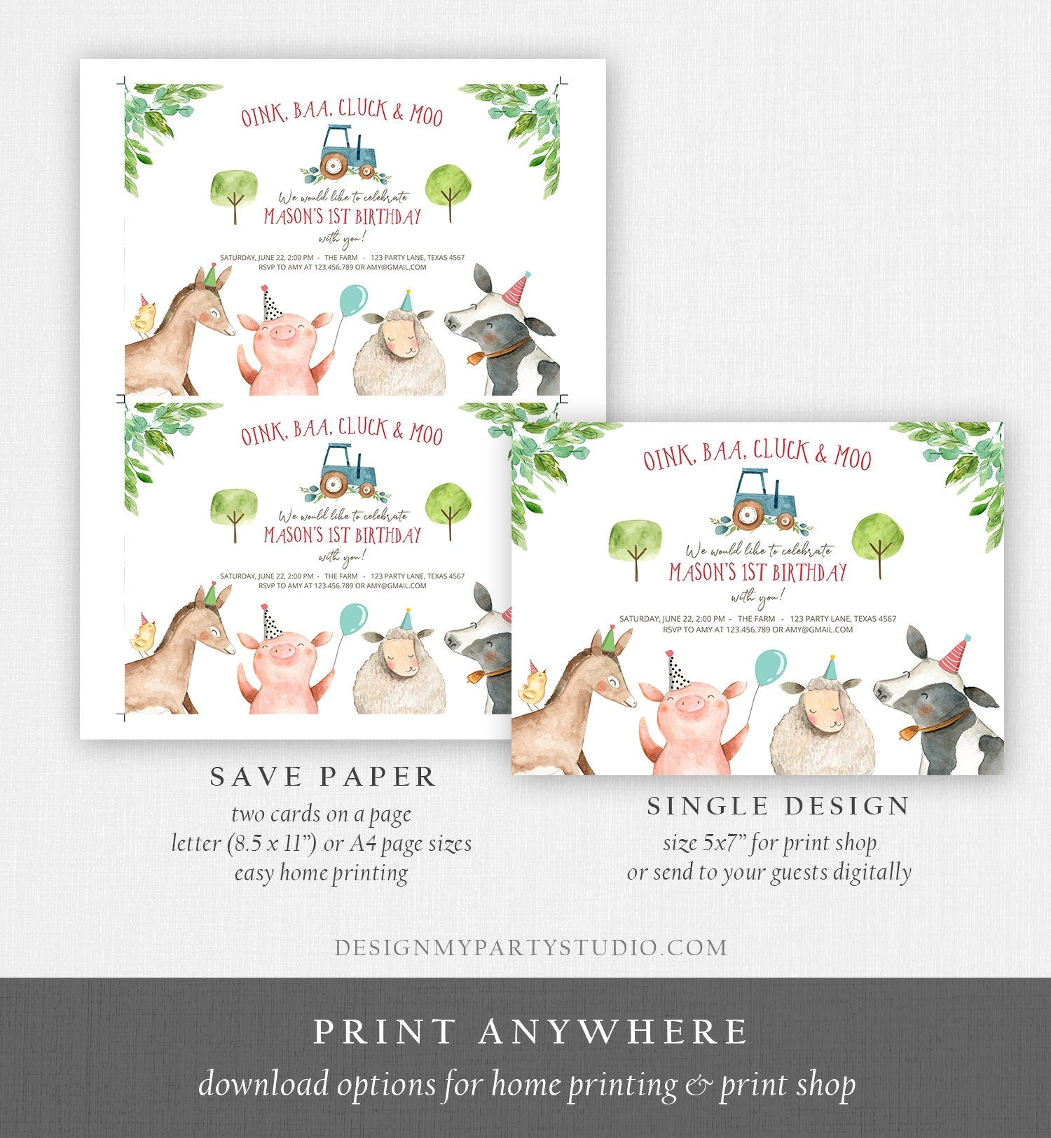 Editable Farm Birthday Invitation Boy Farm Animals Tractor Barnyard Barn Birthday Party Animals Digital Evite Template Printable 0155