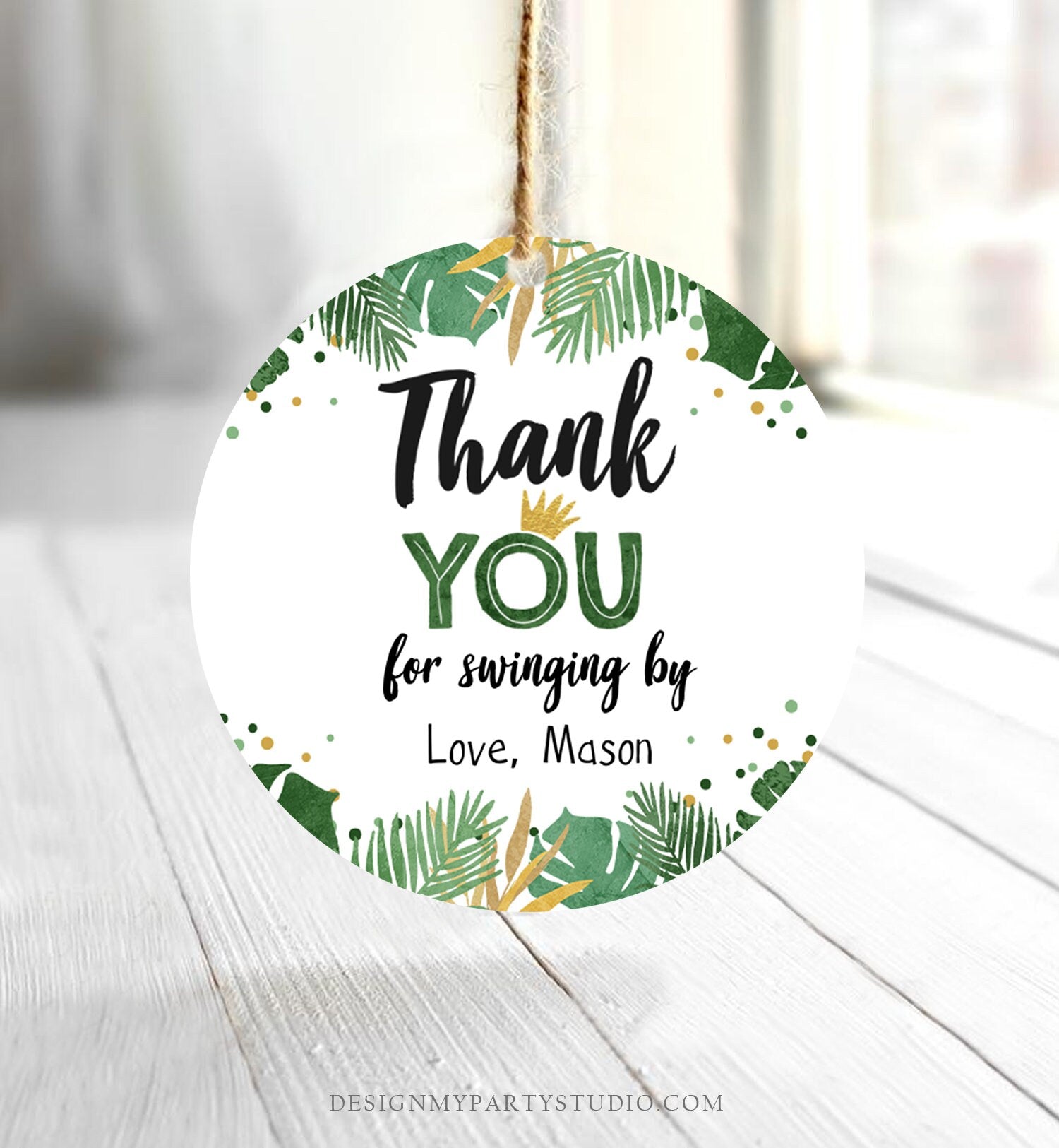 Editable Tropical Safari Favor Tags Thank You Wild One Label Jungle Zoo Wild Things Boy Green Gold Gift Tag Download Corjl Template 0332