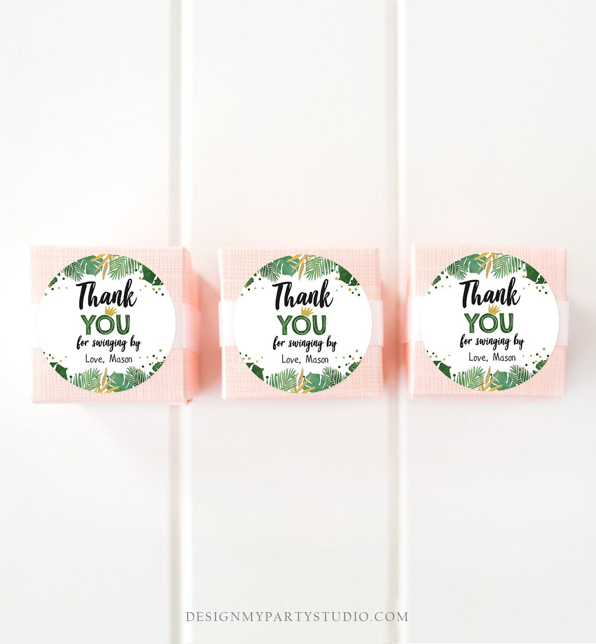 Editable Tropical Safari Favor Tags Thank You Wild One Label Jungle Zoo Wild Things Boy Green Gold Gift Tag Download Corjl Template 0332