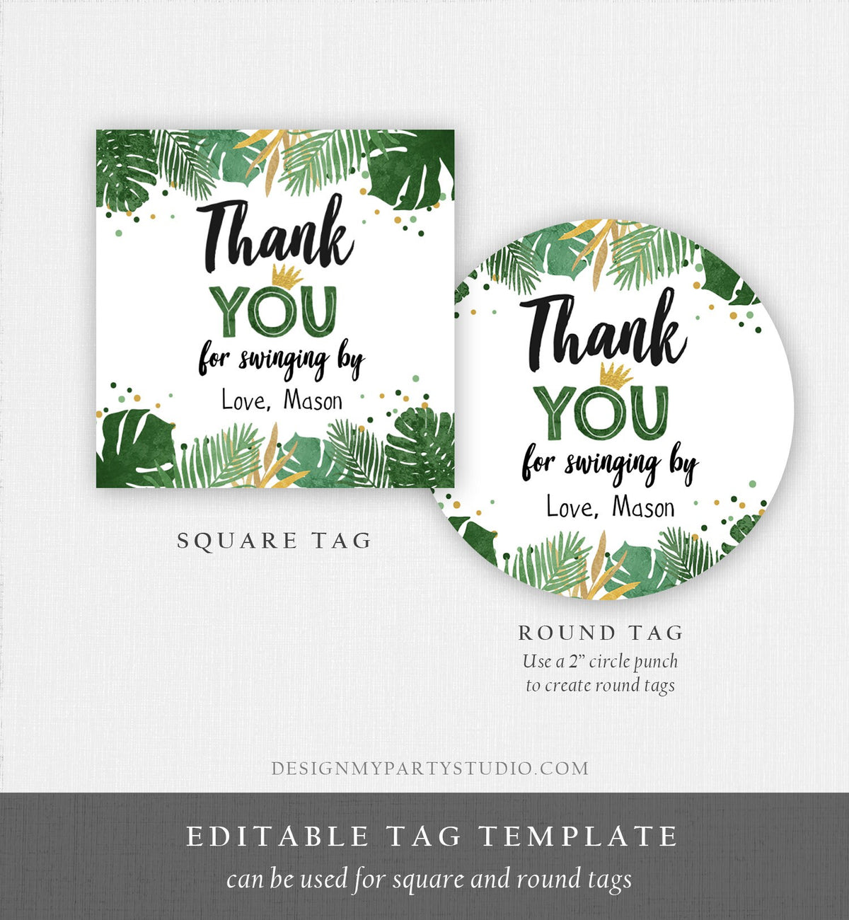 Editable Tropical Safari Favor Tags Thank You Wild One Label Jungle Zoo Wild Things Boy Green Gold Gift Tag Download Corjl Template 0332