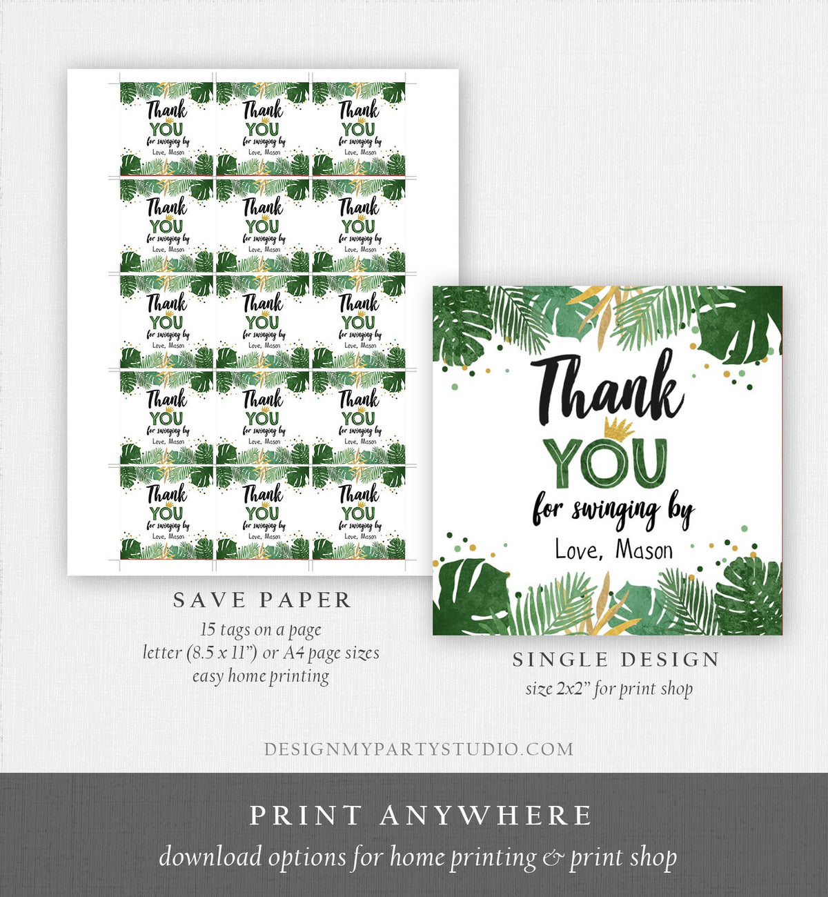 Editable Tropical Safari Favor Tags Thank You Wild One Label Jungle Zoo Wild Things Boy Green Gold Gift Tag Download Corjl Template 0332
