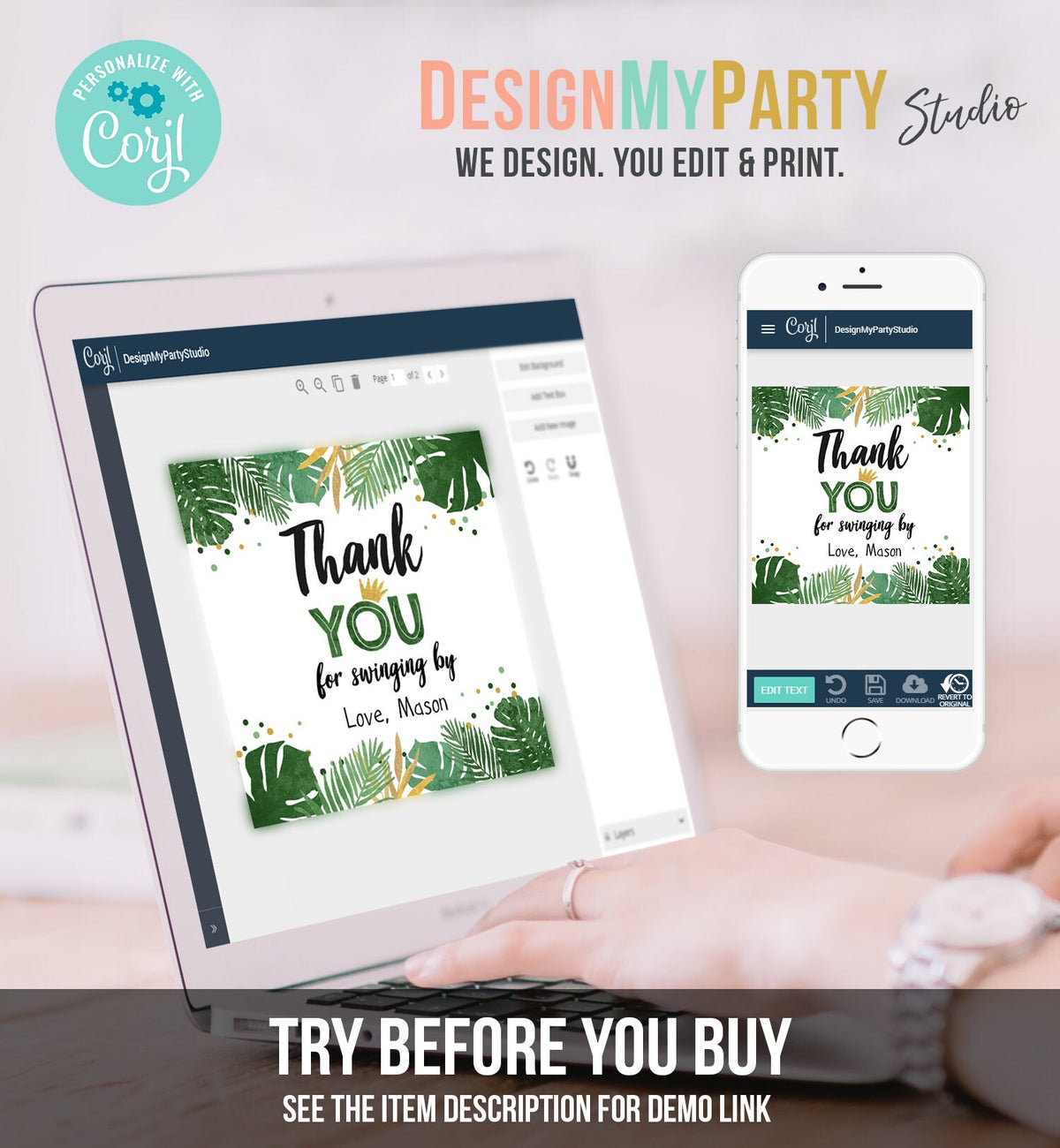 Editable Tropical Safari Favor Tags Thank You Wild One Label Jungle Zoo Wild Things Boy Green Gold Gift Tag Download Corjl Template 0332