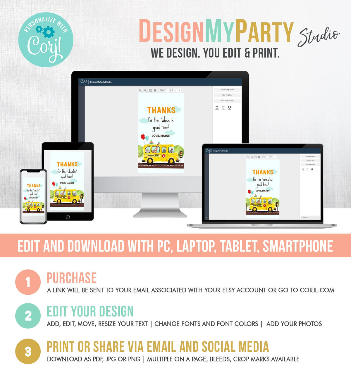 Editable Wheels on The Bus Favor Tags School Bus Birthday Thank you tags Bus Gift Tags Boy Birthday Download Template PRINTABLE Corjl 0325