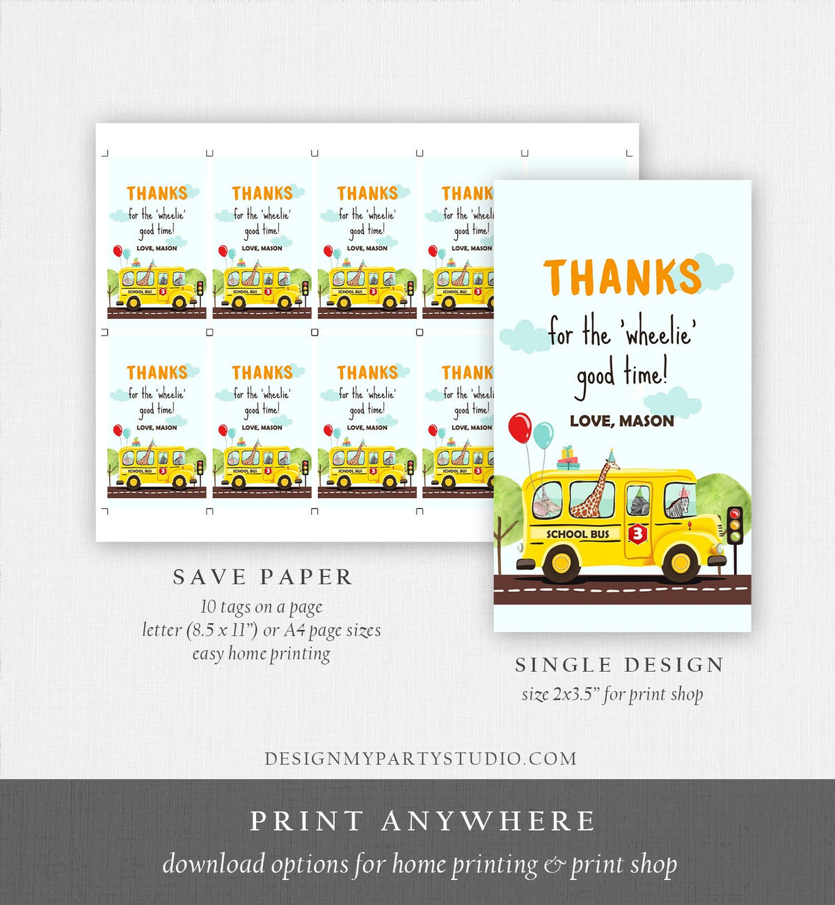 Editable Wheels on The Bus Favor Tags School Bus Birthday Thank you tags Bus Gift Tags Boy Birthday Download Template PRINTABLE Corjl 0325