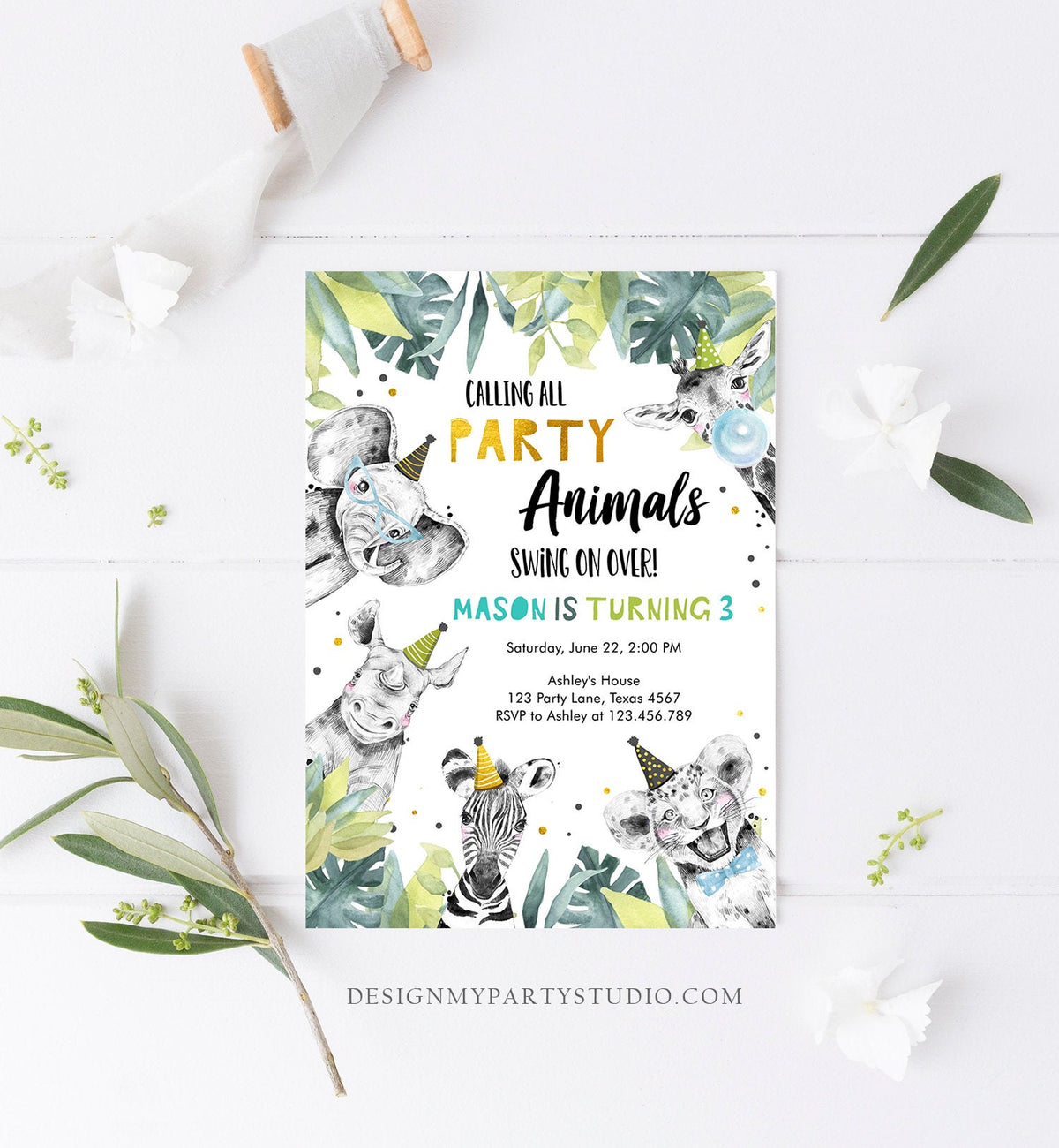 Editable Party Animals Birthday Invitation Wild One Safari Animals Boy Gold Black Zoo Monochrome Digital Download Template Printable 0322