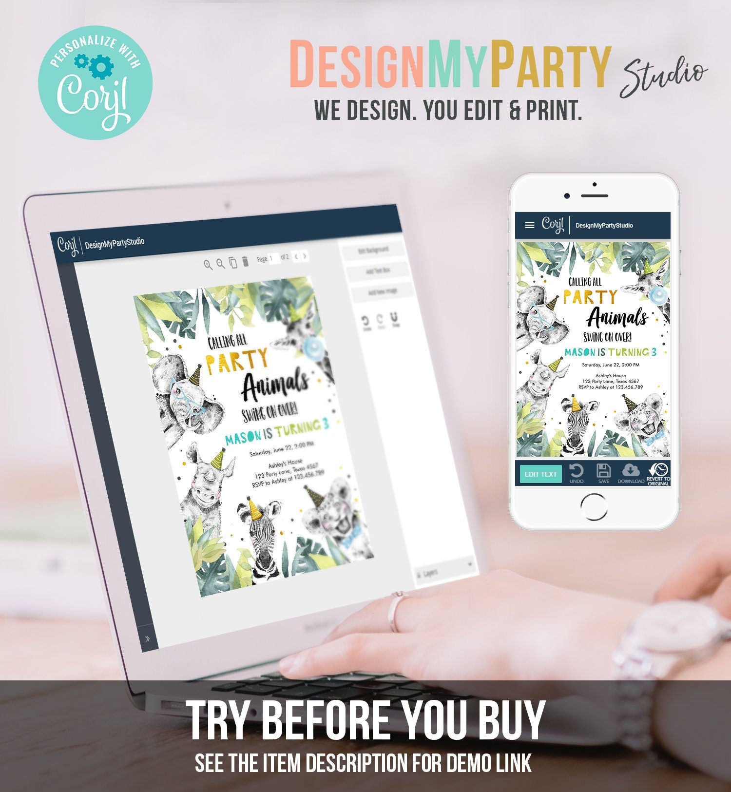 Editable Party Animals Birthday Invitation Wild One Safari Animals Boy Gold Black Zoo Monochrome Digital Download Template Printable 0322