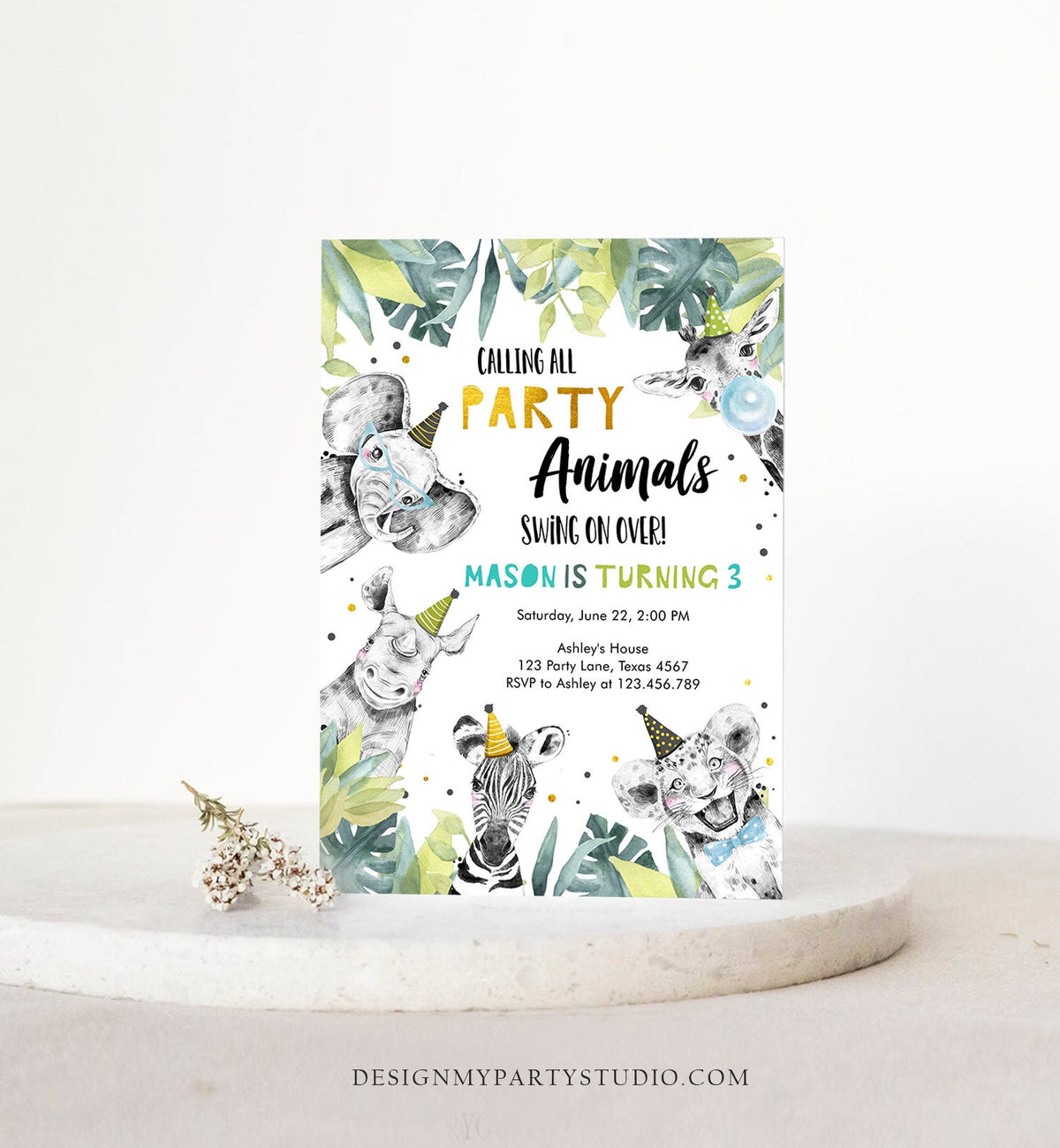 Editable Party Animals Birthday Invitation Wild One Safari Animals Boy Gold Black Zoo Monochrome Digital Download Template Printable 0322