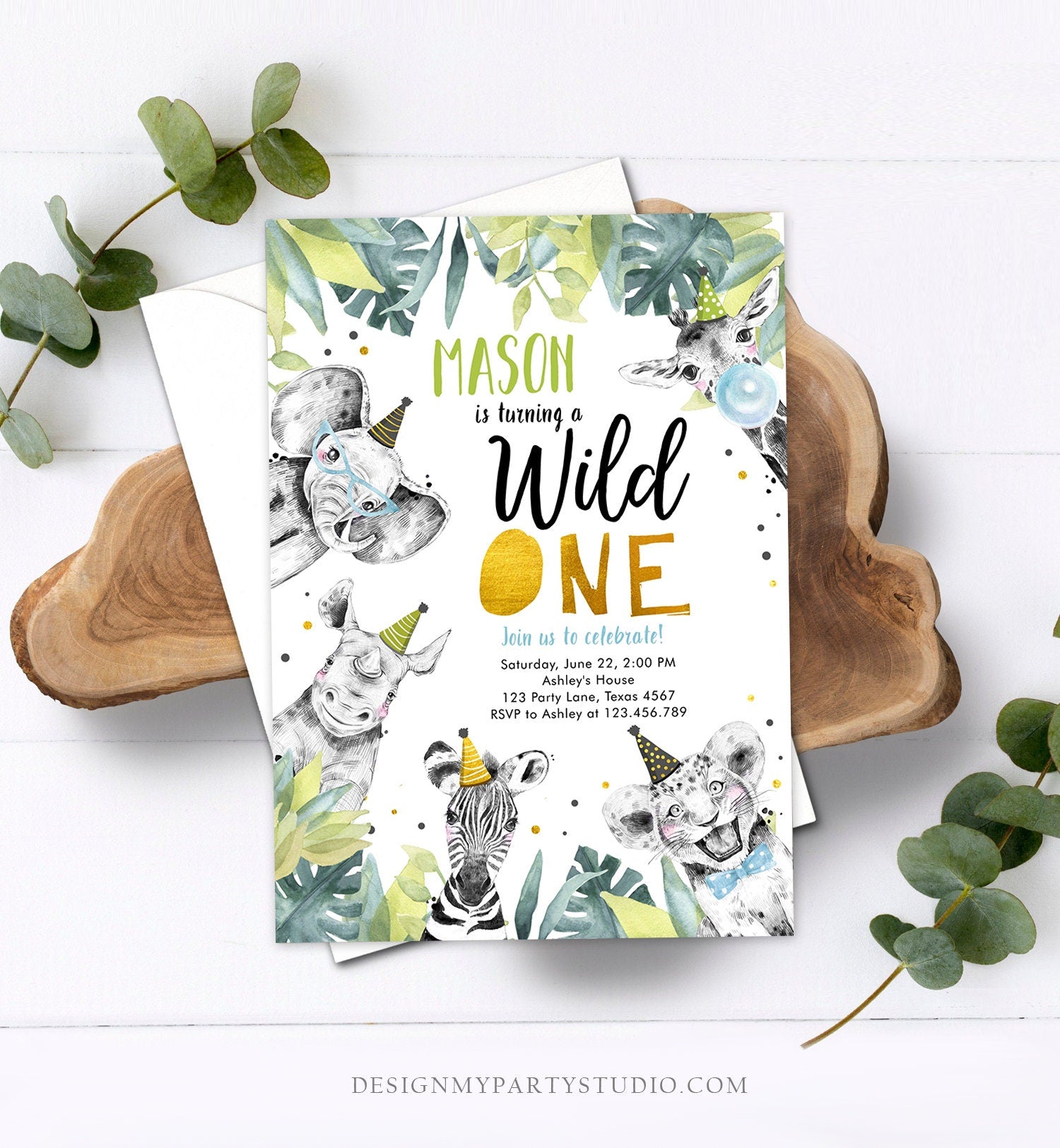 Editable Wild One Birthday Invitation Safari Party Animals Boy Gold First Birthday Born to be Wild Digital Evite Template Printable 0322