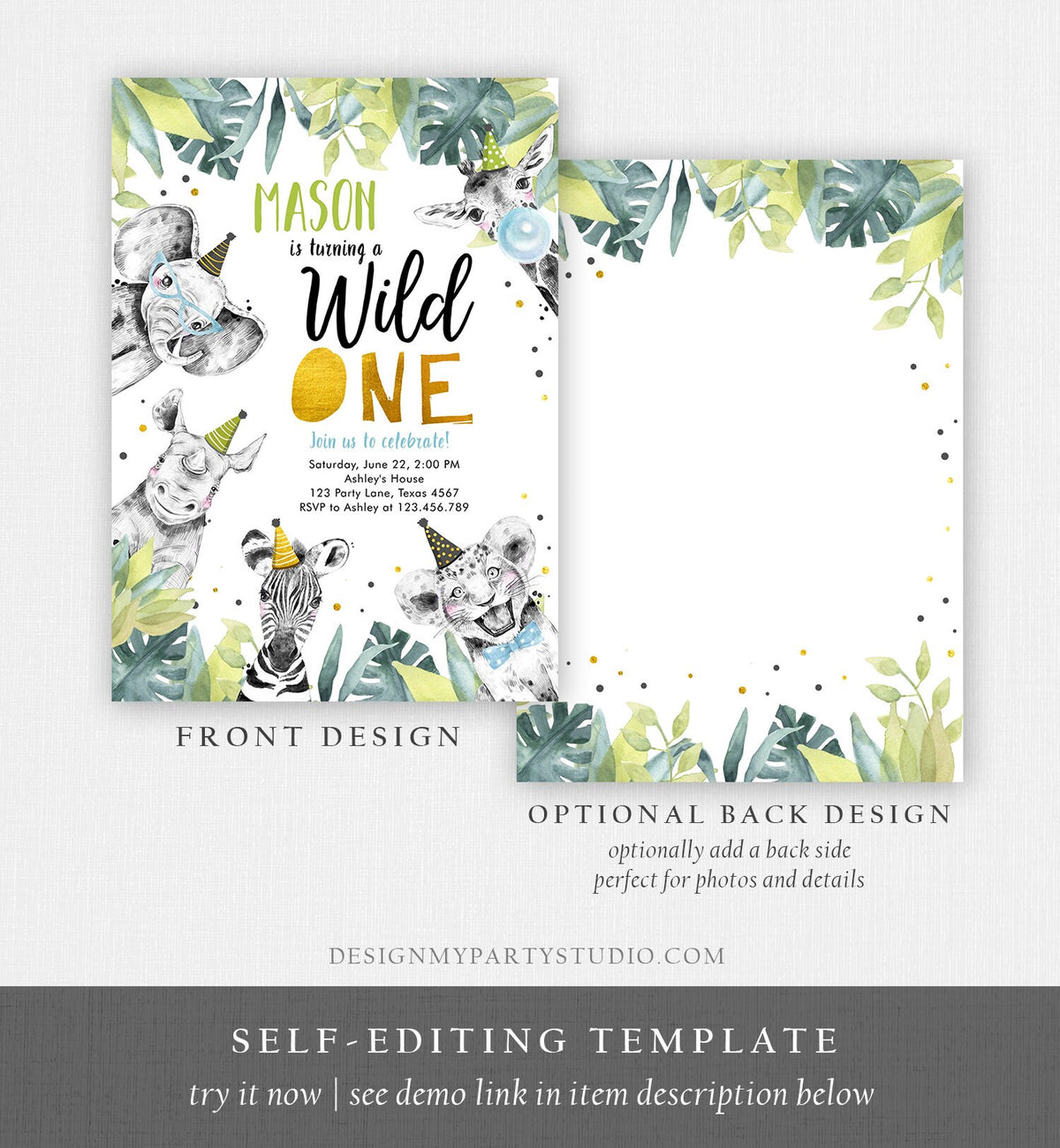 Editable Wild One Birthday Invitation Safari Party Animals Boy Gold First Birthday Born to be Wild Digital Evite Template Printable 0322