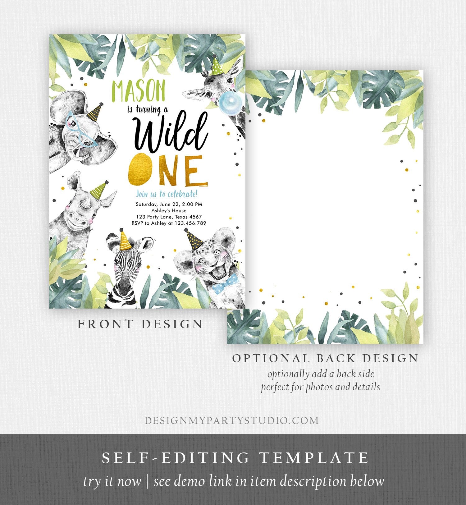 Editable Wild One Birthday Invitation Safari Party Animals Boy Gold First Birthday Born to be Wild Digital Evite Template Printable 0322