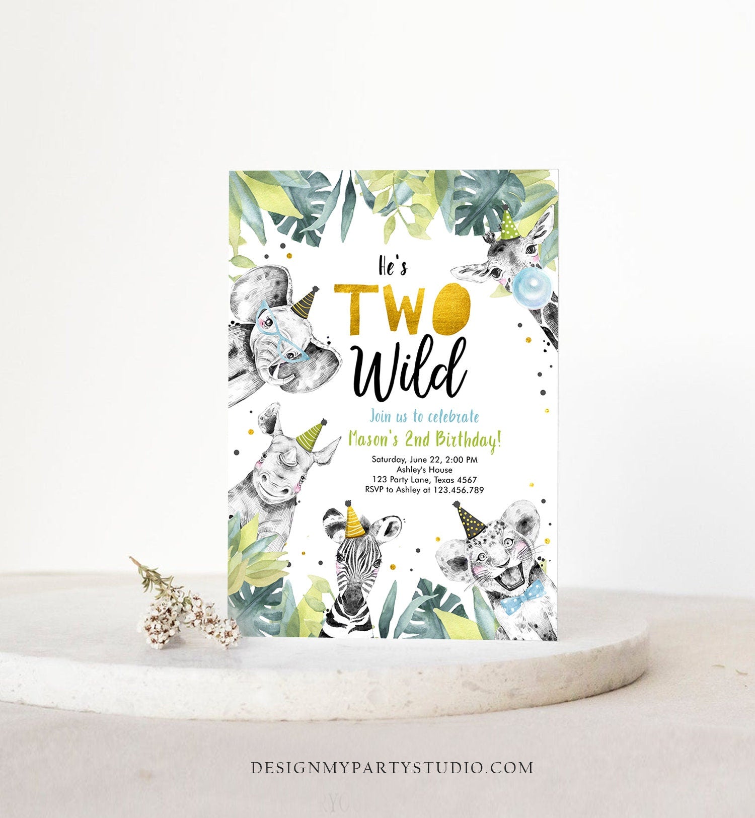 Editable Two Wild Birthday Invitation Safari Party Animals Boy Gold Second Birthday Born Two Be Wild Digital Corjl Template Printable 0322