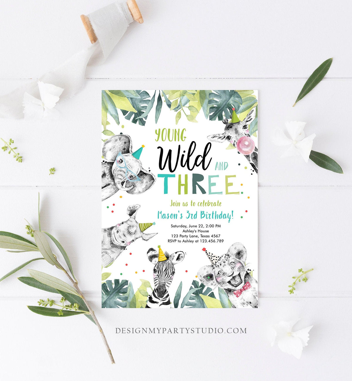 Editable Young Wild and Three Invitation Safari Animals Party Animals Boy Green Third Birthday 3rd Zoo Digital Evite Template Printable 0322