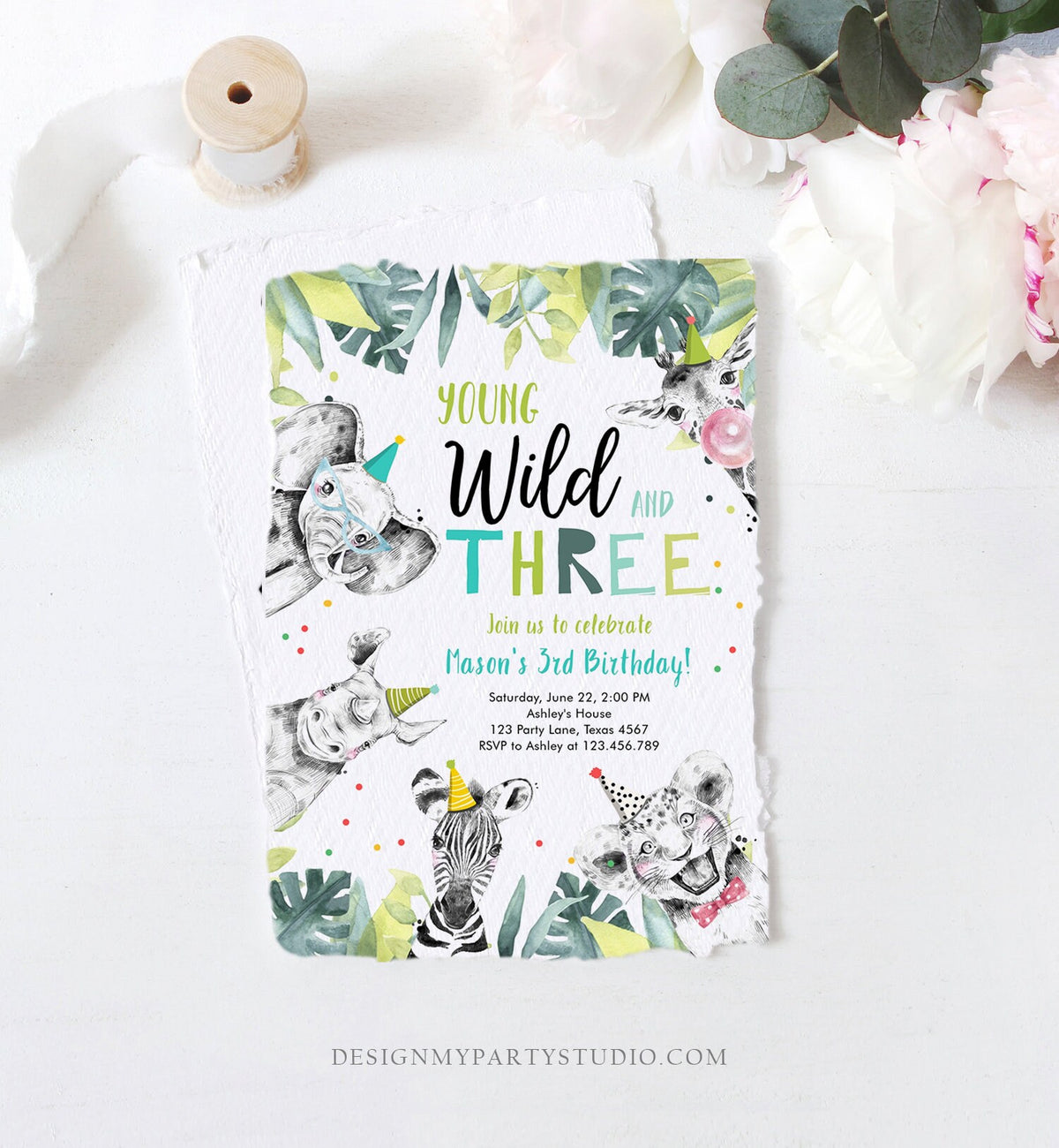 Editable Young Wild and Three Invitation Safari Animals Party Animals Boy Green Third Birthday 3rd Zoo Digital Evite Template Printable 0322