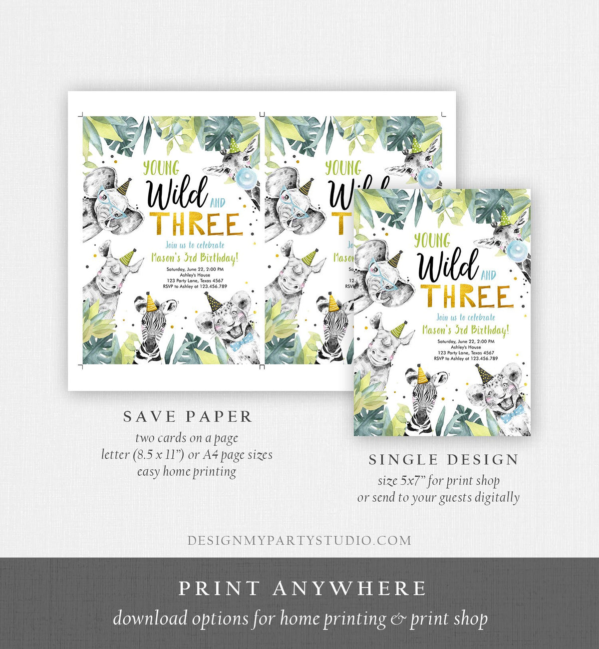 Editable Young Wild and Three Invitation Safari Animals Party Animals Boy Gold Third Birthday 3rd Zoo Digital Corjl Template Printable 0322