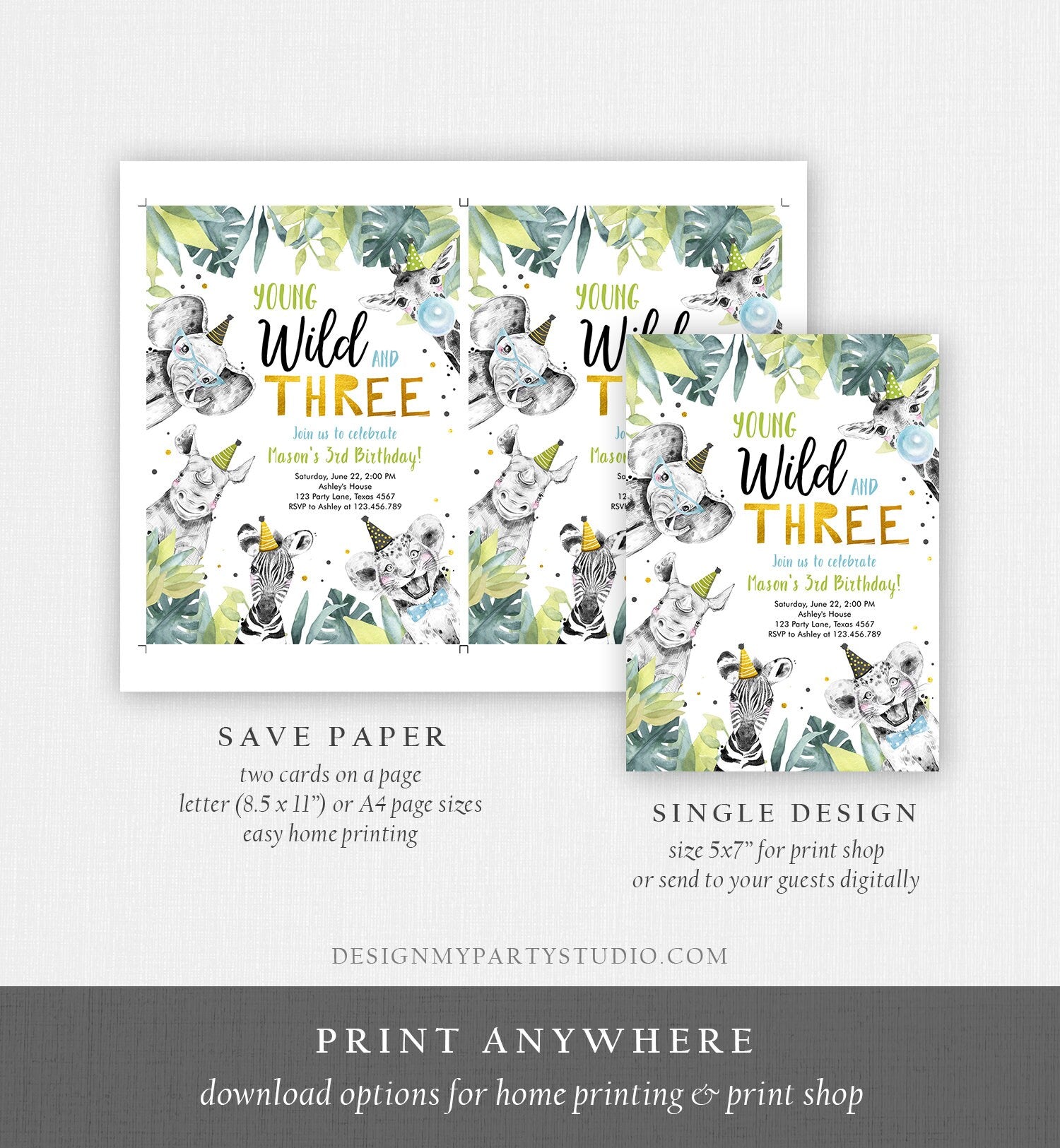 Editable Young Wild and Three Invitation Safari Animals Party Animals Boy Gold Third Birthday 3rd Zoo Digital Corjl Template Printable 0322