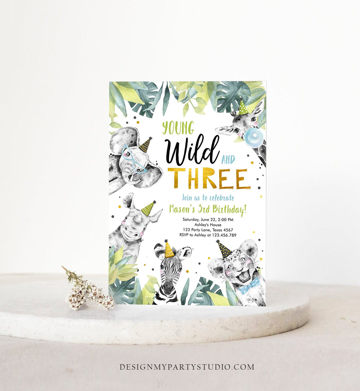 Editable Young Wild and Three Invitation Safari Animals Party Animals Boy Gold Third Birthday 3rd Zoo Digital Corjl Template Printable 0322