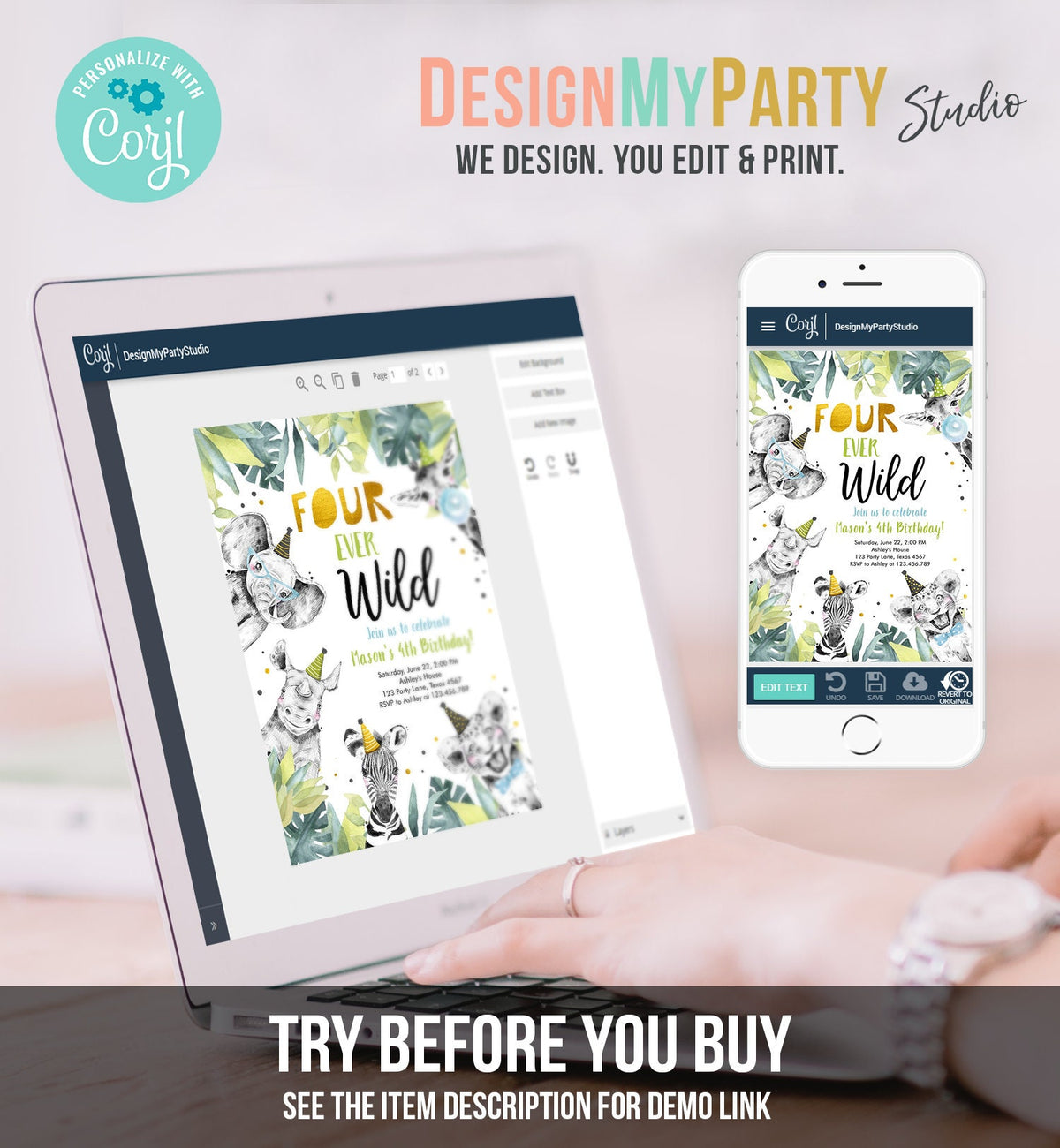 Editable Four Ever Wild Invitation Safari Animals Party Animals Boy Gold Fourth Birthday 4th Zoo Digital Corjl Template Printable 0322