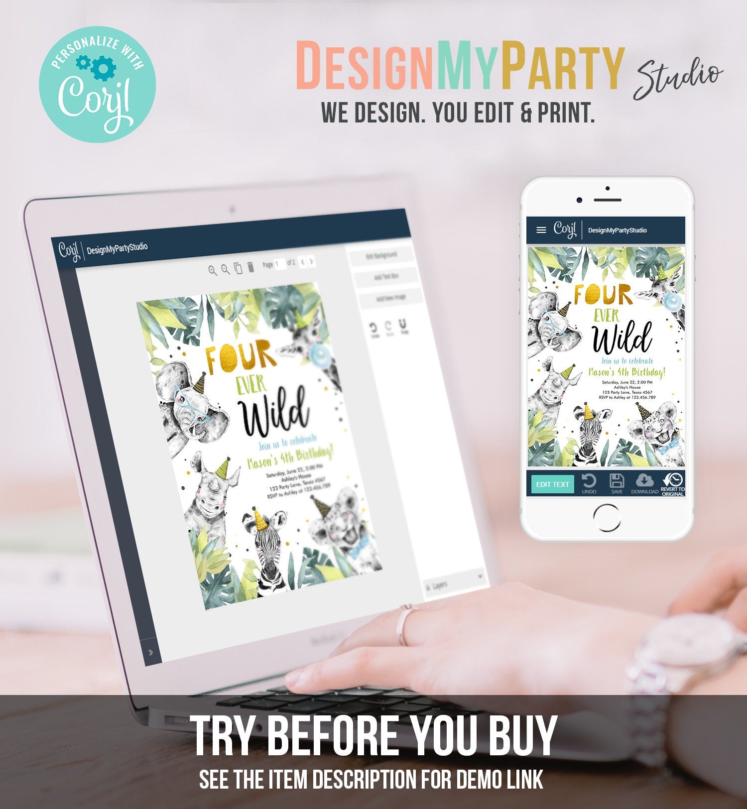 Editable Four Ever Wild Invitation Safari Animals Party Animals Boy Gold Fourth Birthday 4th Zoo Digital Corjl Template Printable 0322