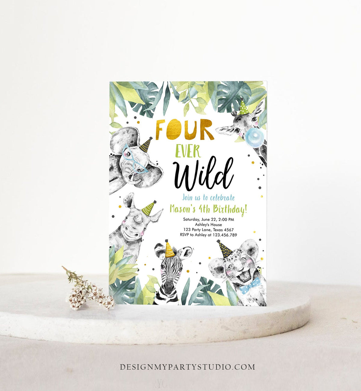 Editable Four Ever Wild Invitation Safari Animals Party Animals Boy Gold Fourth Birthday 4th Zoo Digital Corjl Template Printable 0322