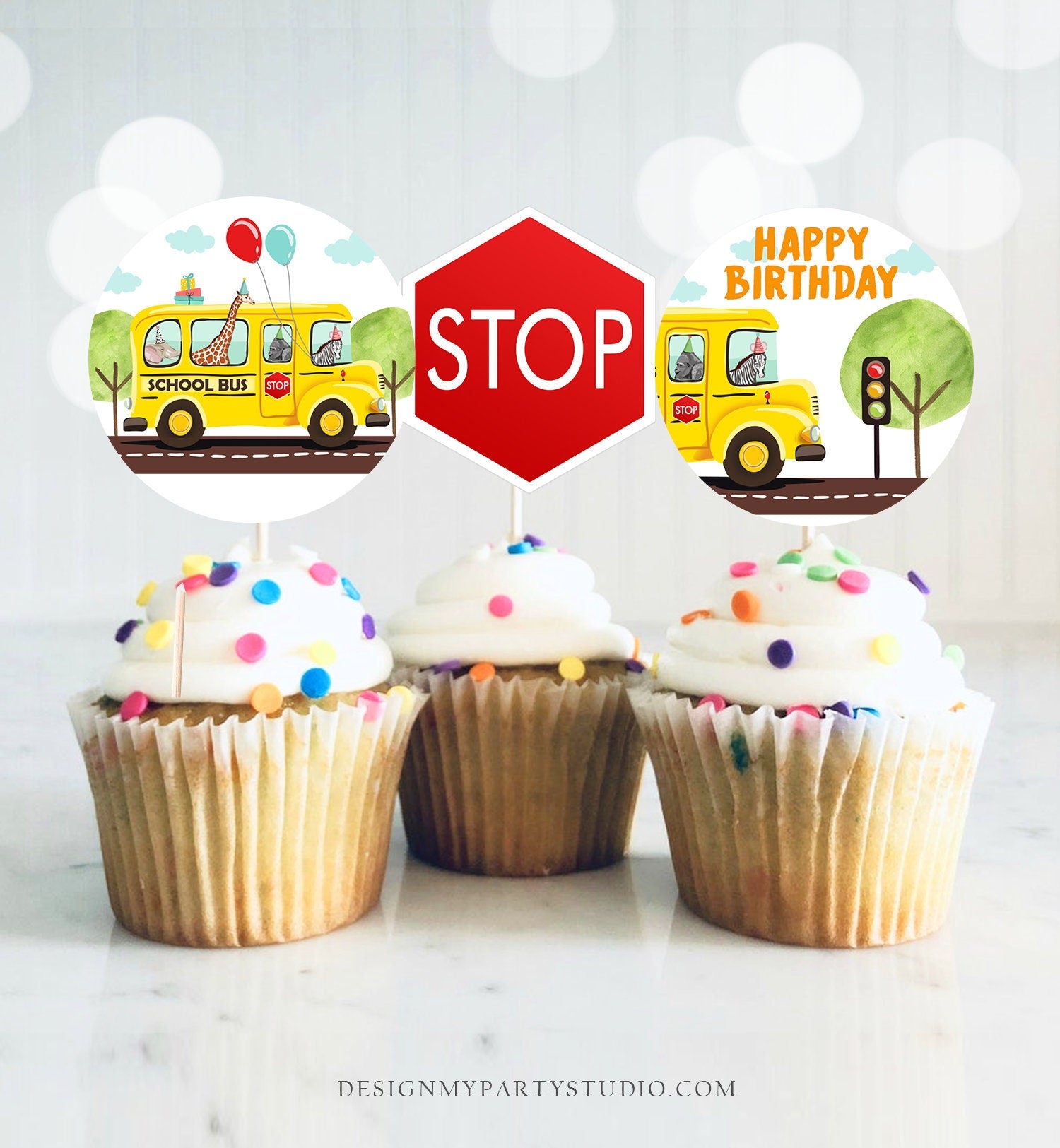 Wheels on The Bus Cupcake Toppers Favor Tags Birthday Party Decor School Bus Party Dessert Birthday Sticker download Digital PRINTABLE 0325