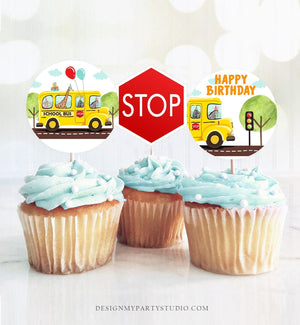 Wheels on The Bus Cupcake Toppers Favor Tags Birthday Party Decor School Bus Party Dessert Birthday Sticker download Digital PRINTABLE 0325