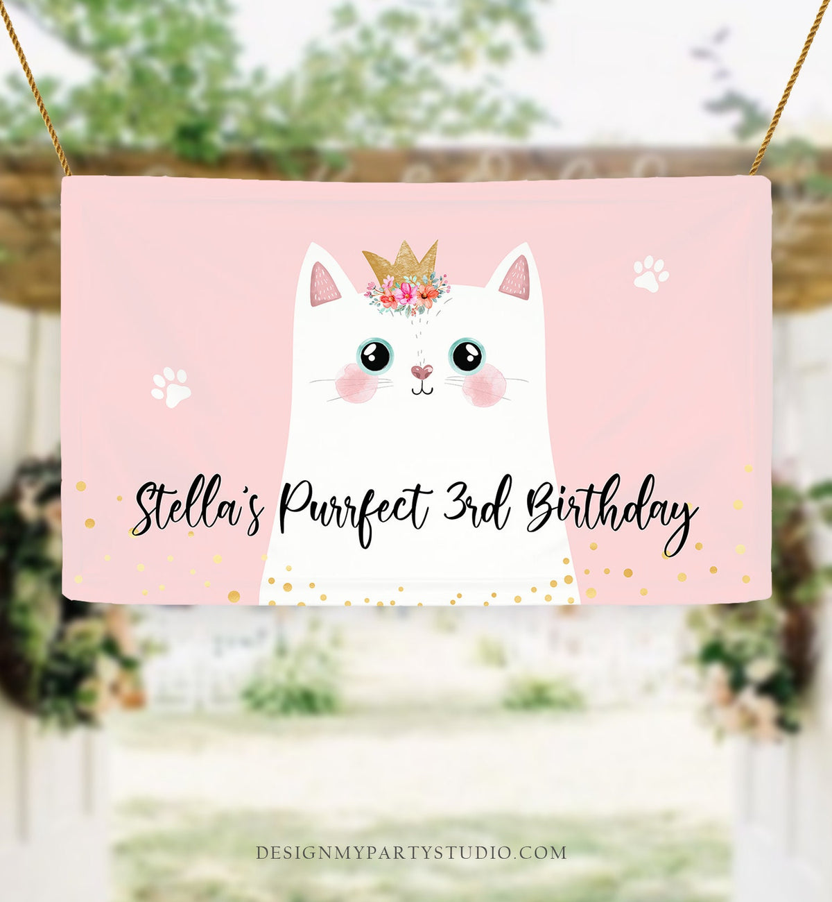 Editable Kitten Birthday Backdrop Kitty Cat Birthday Party Decor Girl Pink Are You Kitten Me Pet Digital Download Template Printable 0381