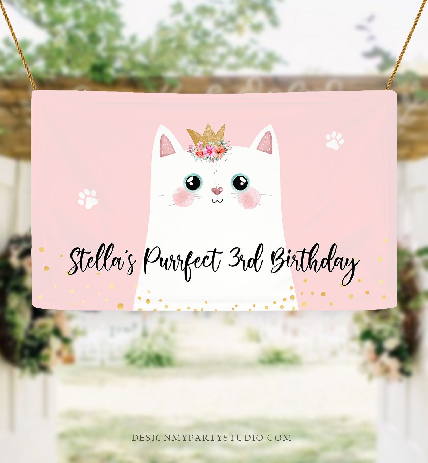 Editable Kitten Birthday Backdrop Kitty Cat Birthday Party Decor Girl Pink Are You Kitten Me Pet Digital Download Template Printable 0381