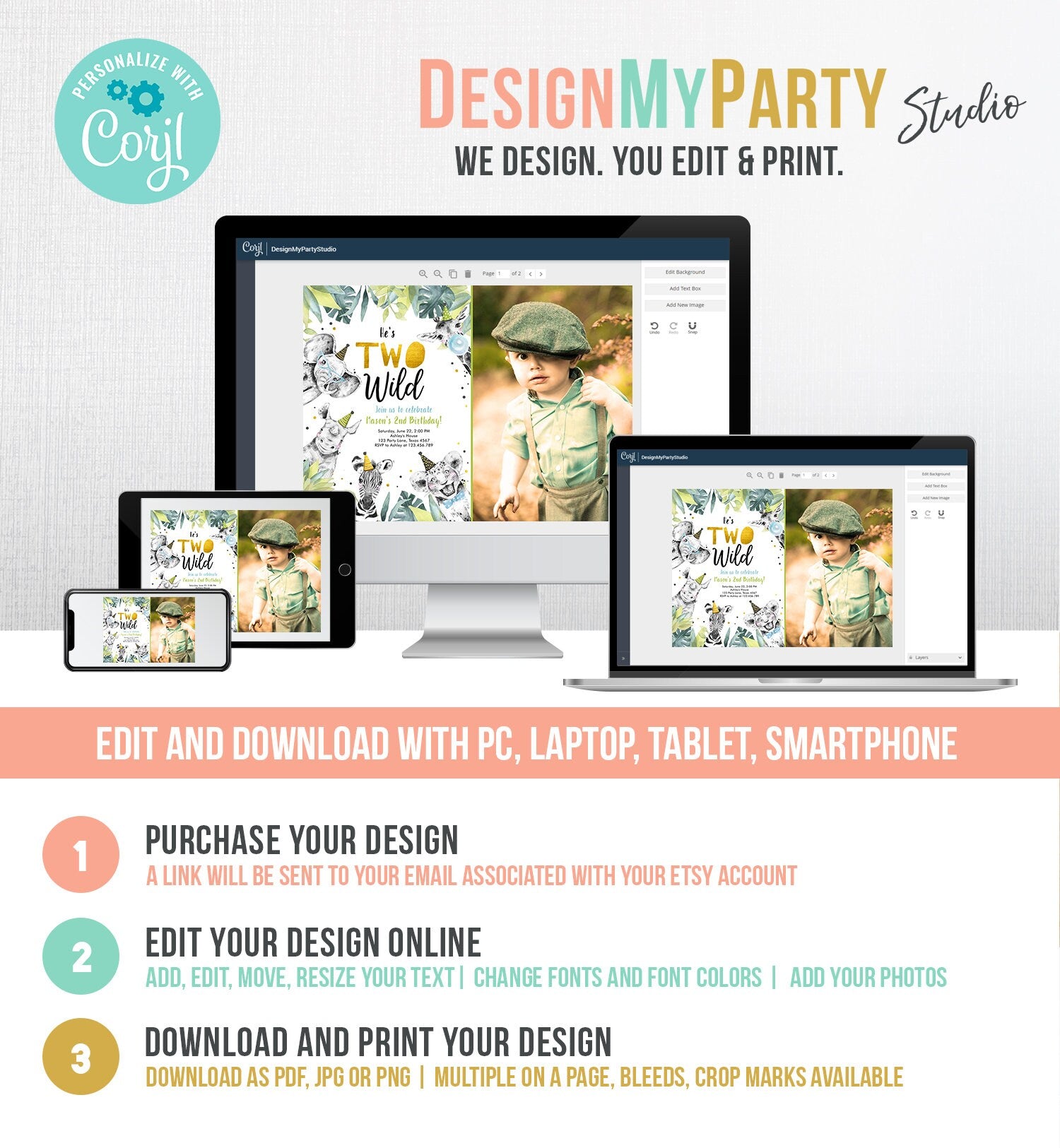 Editable Two Wild Birthday Invitation Safari Party Animals Boy Gold Second Born Two Be Wild Digital Download Evite Template Printable 0322