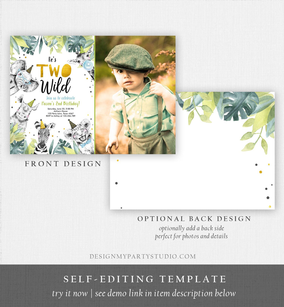 Editable Two Wild Birthday Invitation Safari Party Animals Boy Gold Second Born Two Be Wild Digital Download Evite Template Printable 0322