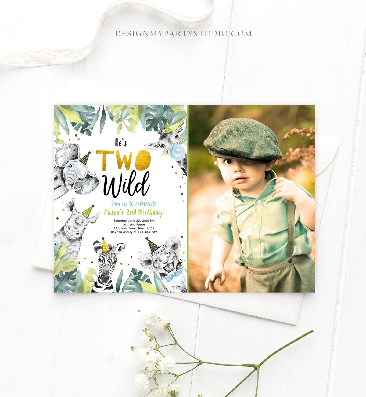 Editable Two Wild Birthday Invitation Safari Party Animals Boy Gold Second Born Two Be Wild Digital Download Evite Template Printable 0322