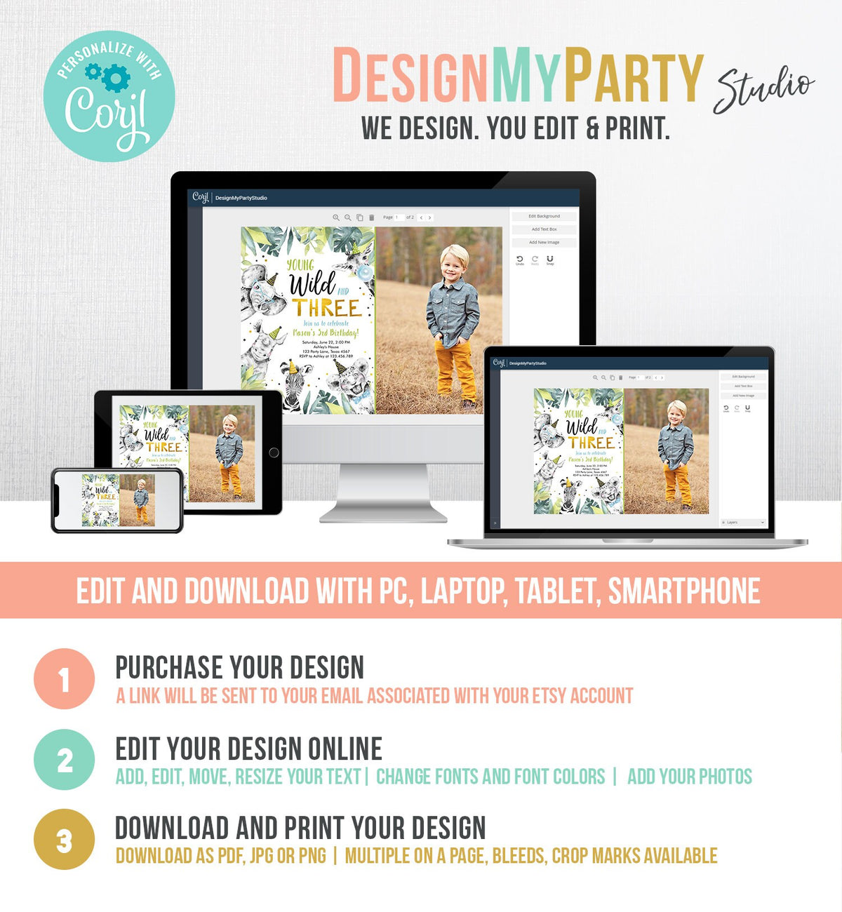 Editable Young Wild and Three Invitation Safari Animals Party Animals Boy Third Birthday Digital Download Evite Template Printable 0322