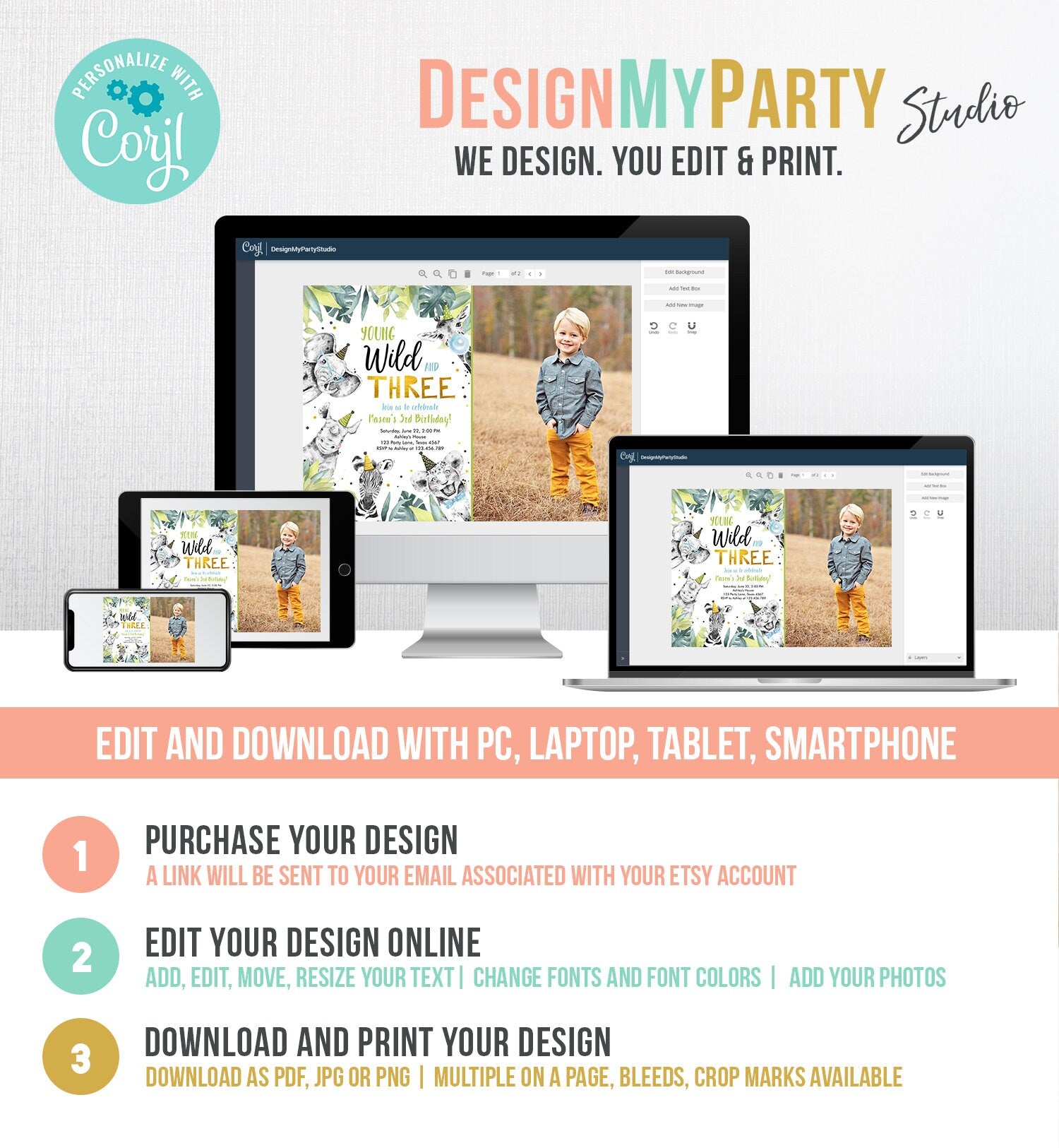 Editable Young Wild and Three Invitation Safari Animals Party Animals Boy Third Birthday Digital Download Evite Template Printable 0322